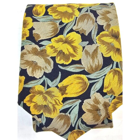 TANGO BY MAX RAAB Mens Floral Tulip Print Navy Yellow Cotton Necktie Made In USA - Picture 7 of 7